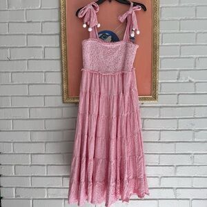 Crown & Ivy red white striped smocked midi sundress woven cotton pom pom bow